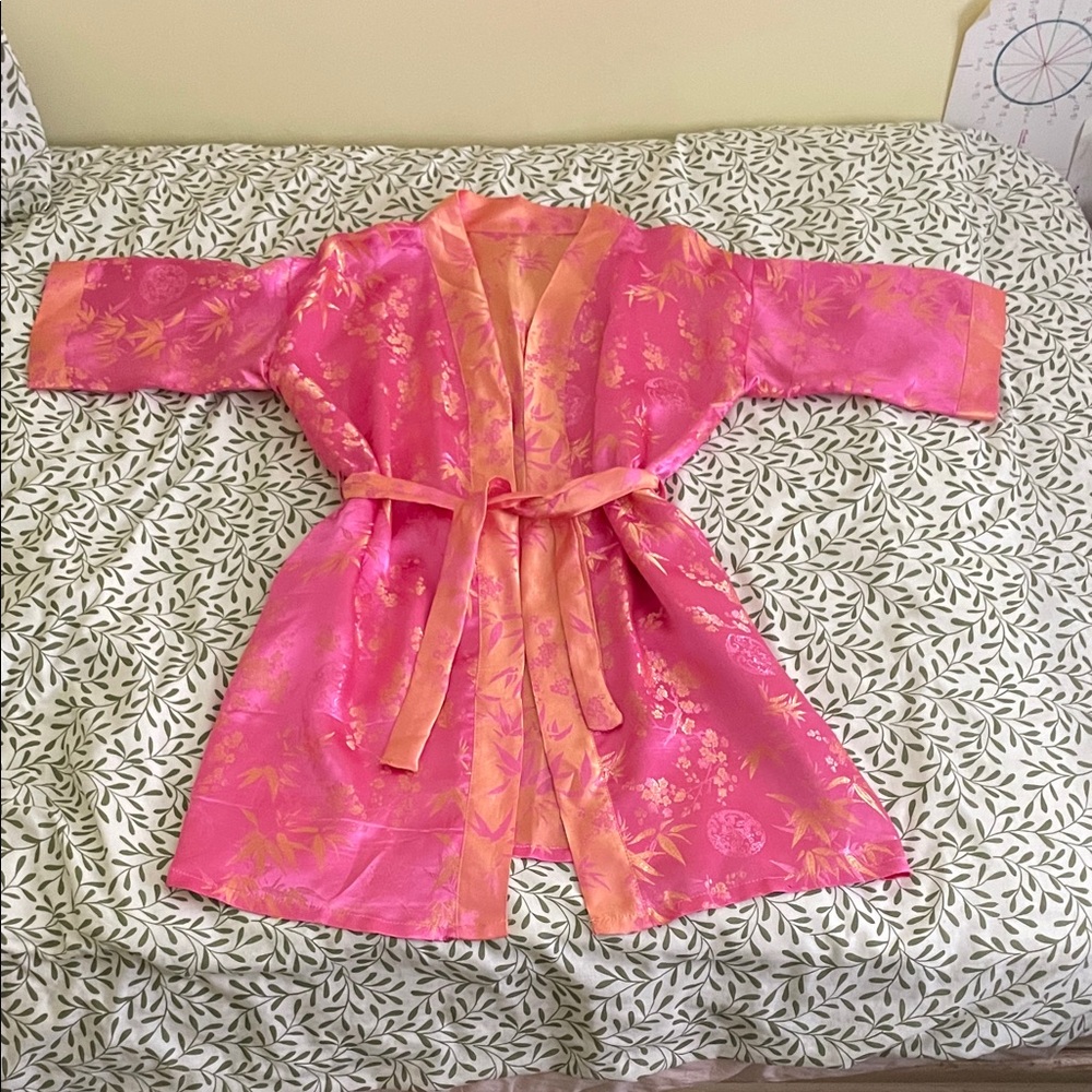 Pink Satin Kimono Robe Traditional with Gold Bamboo & Floral Print - Picture 2 of 11